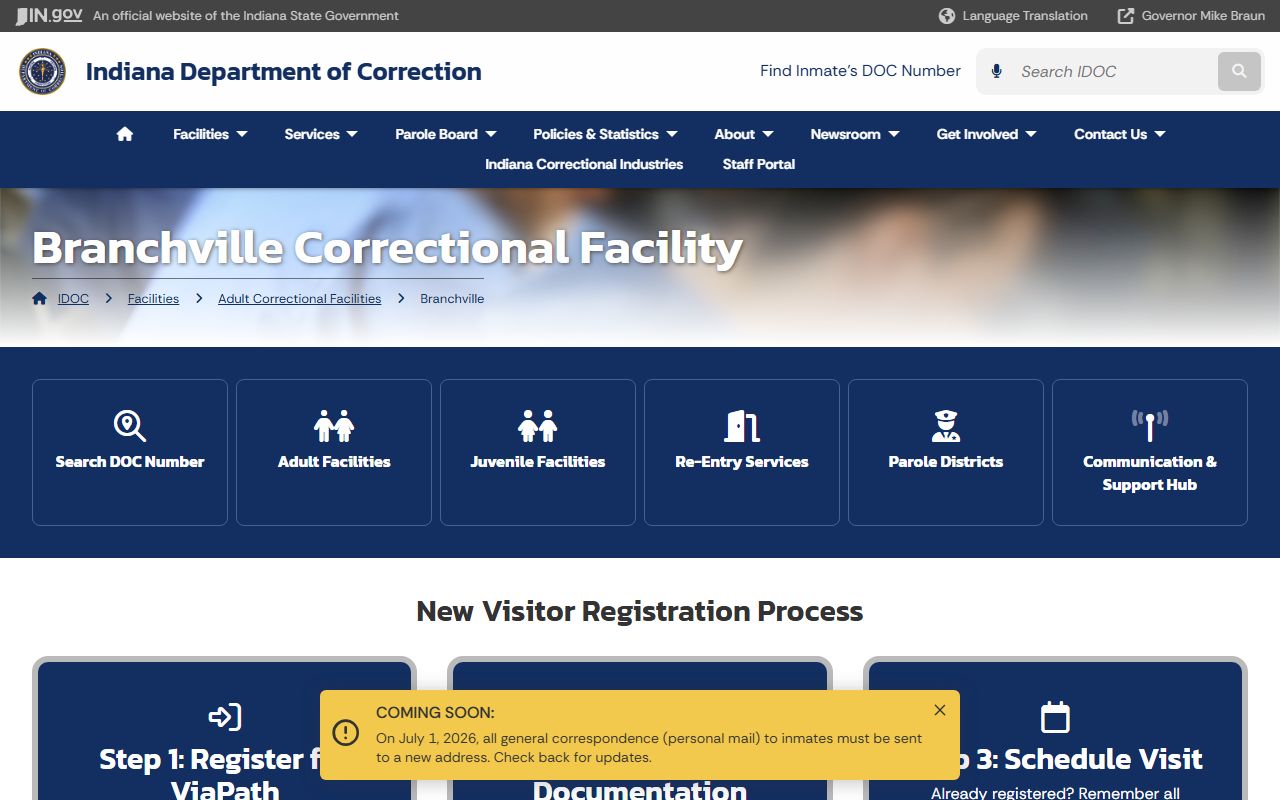 Branchville Correctional Facility IDOC inmate search and facility page