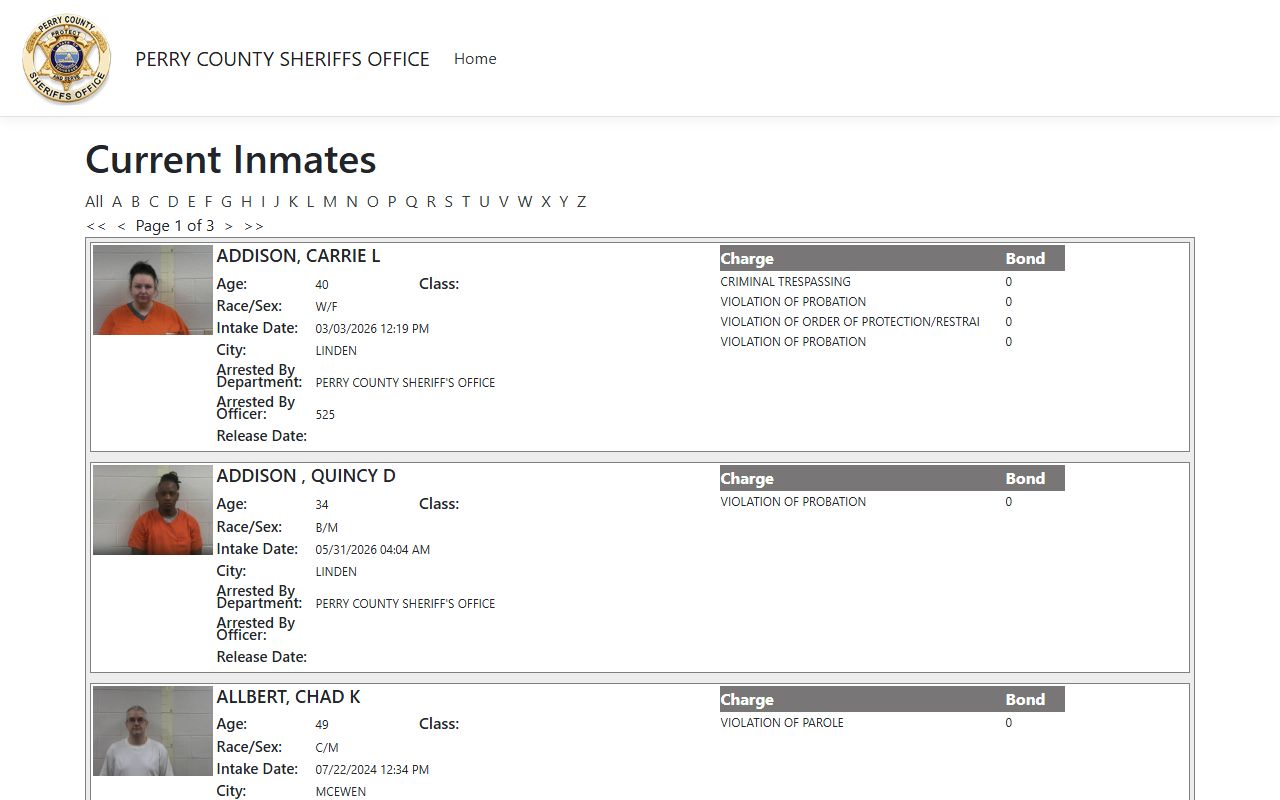 Perry County jail mugshots current inmates roster and booking fields
